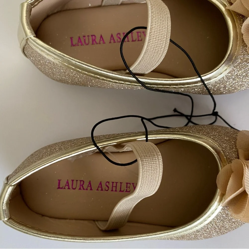 Laura Ashley Flower Dress Shoe Gold Infant 9-12 Months Sparkly Glitter Dressy